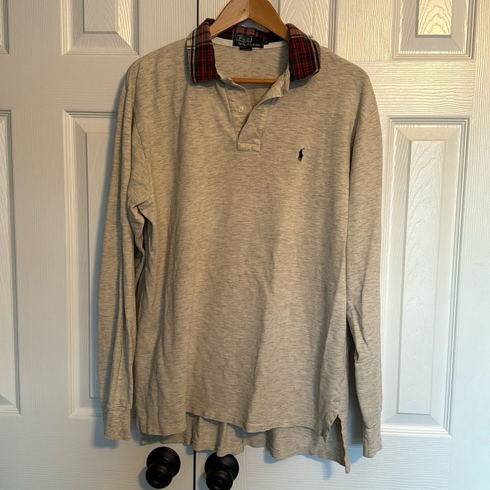 Polo Ralph Lauren XL long sleeve tan polo with plaid collar